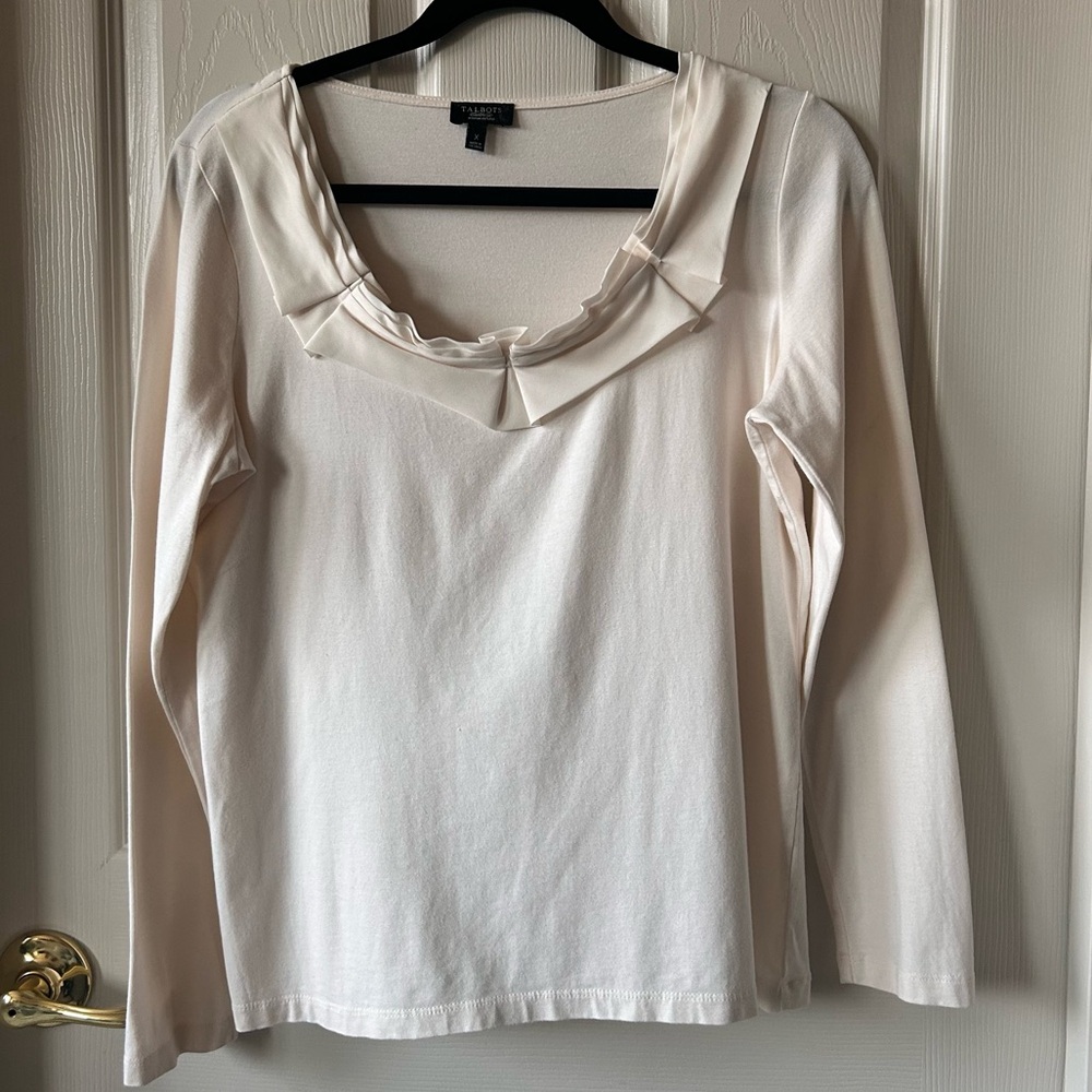Talbots Petites Ivory Knit Top Ruffle Collar Long Sleeve 1X Plus Petite